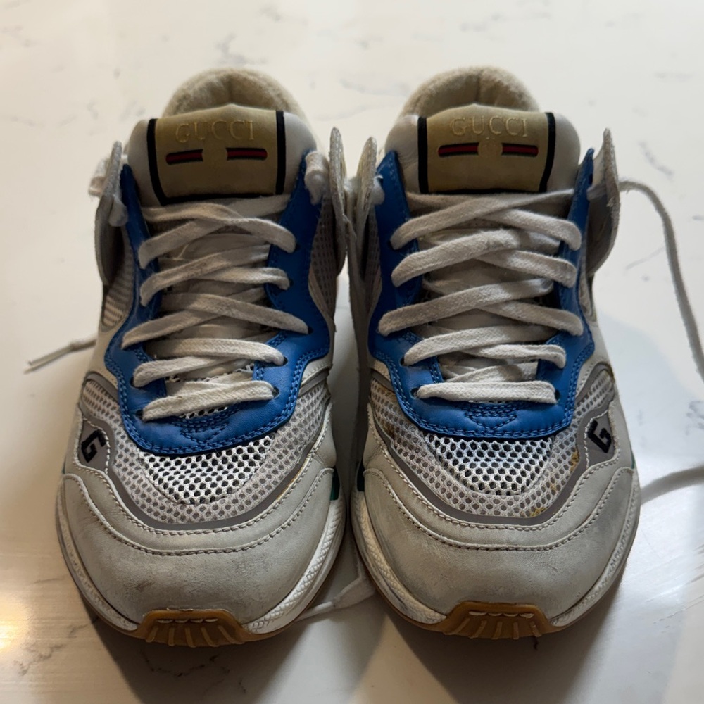 Gucci White and Blue Mesh Leather Sneakers - Picture 2 of 7
